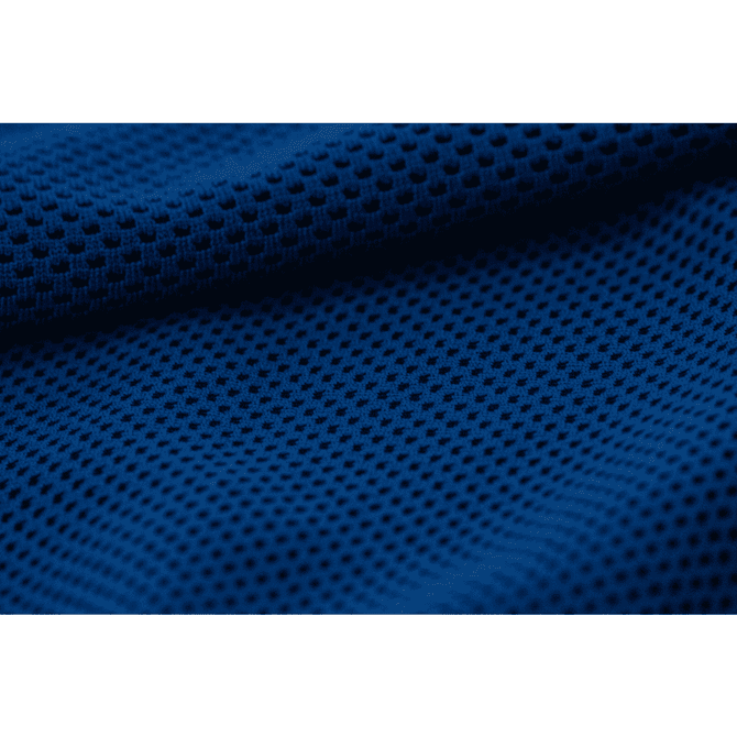 A blue cooling towel featuring a mesh texture, designed for leisure and outdoor activities. It has a logo present.