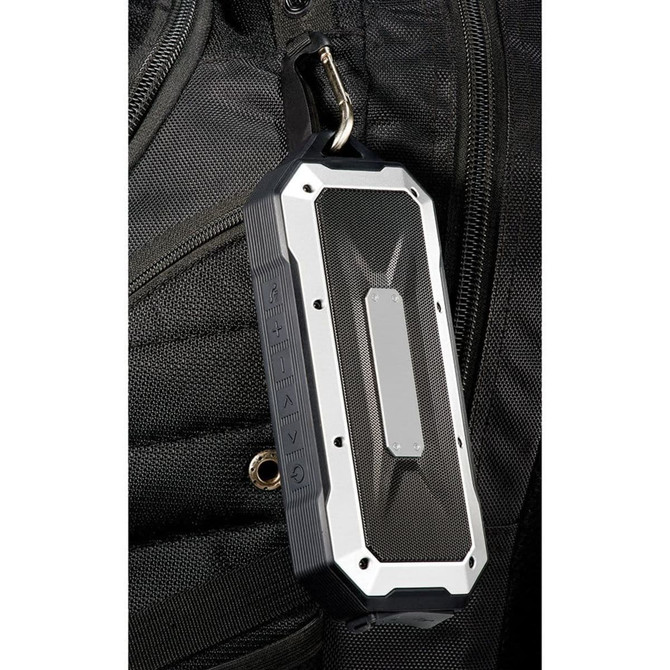 A black and silver waterproof Bluetooth speaker featuring a carabiner clip, designed for outdoor use.