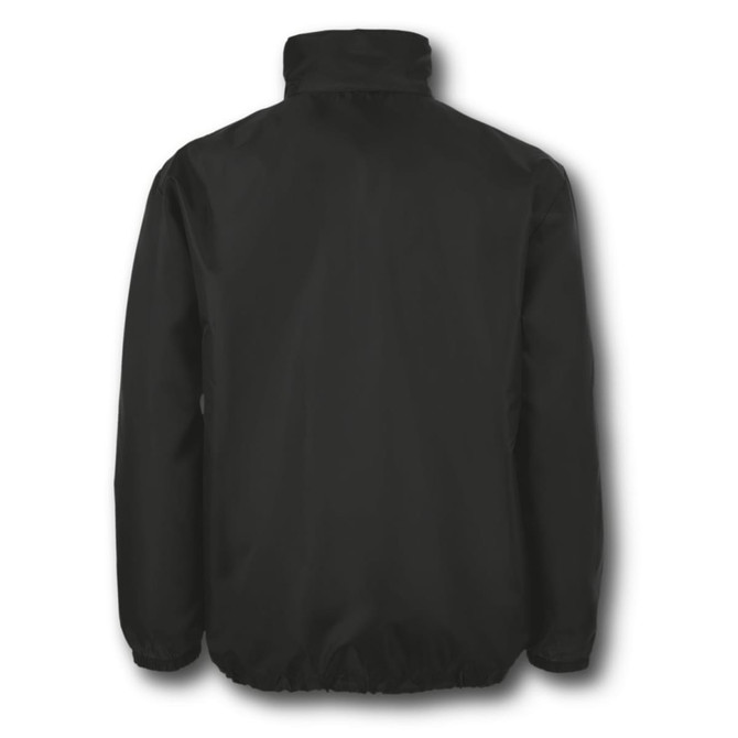 A black windbreaker jacket with a high collar and elasticated hem, featuring a logo on the back.