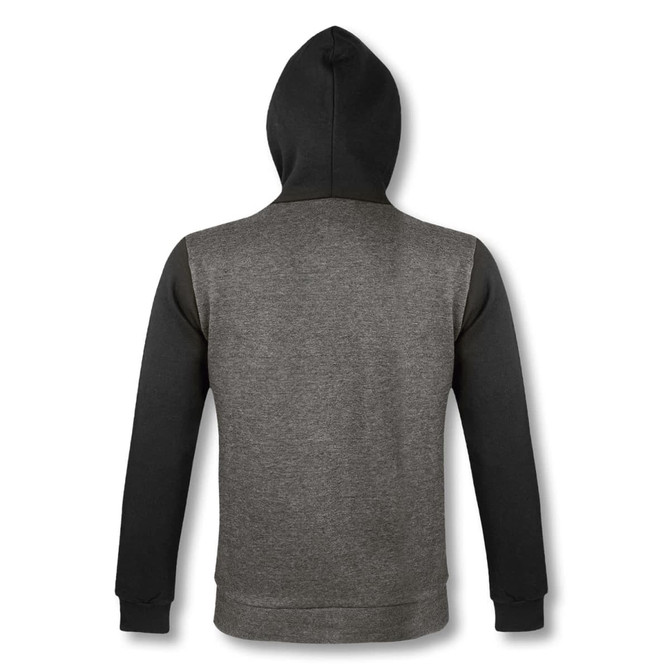 A zipped sweatshirt in dark grey and black with a hood, featuring long sleeves and a branded detail.
