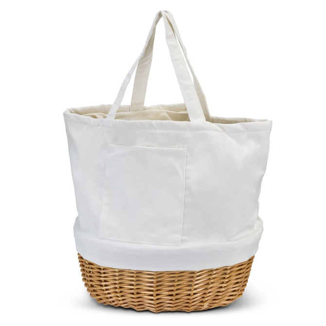 A white tote bag with woven wicker bottom and two handles. It features a front pocket and a logo.