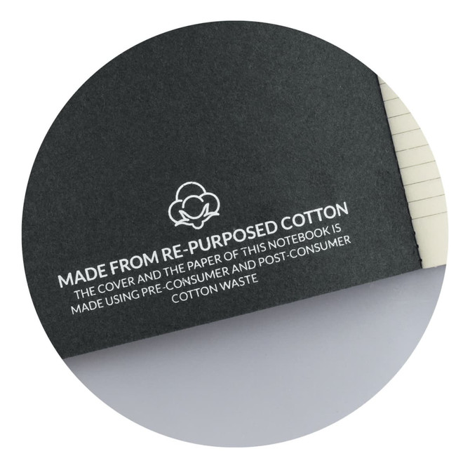 A dark green recycled cotton cahier notebook with lined pages and a logo on the cover.