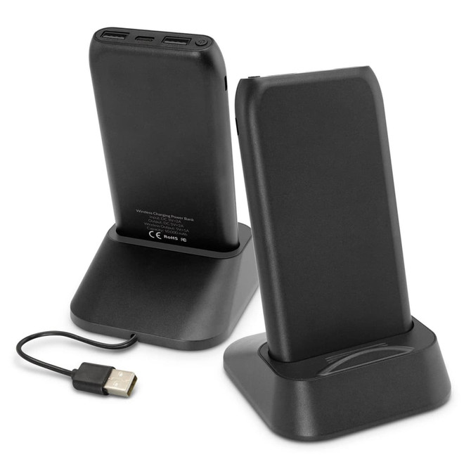 A black wireless charging station with two charging pads and a USB cable. It has a logo on the base.