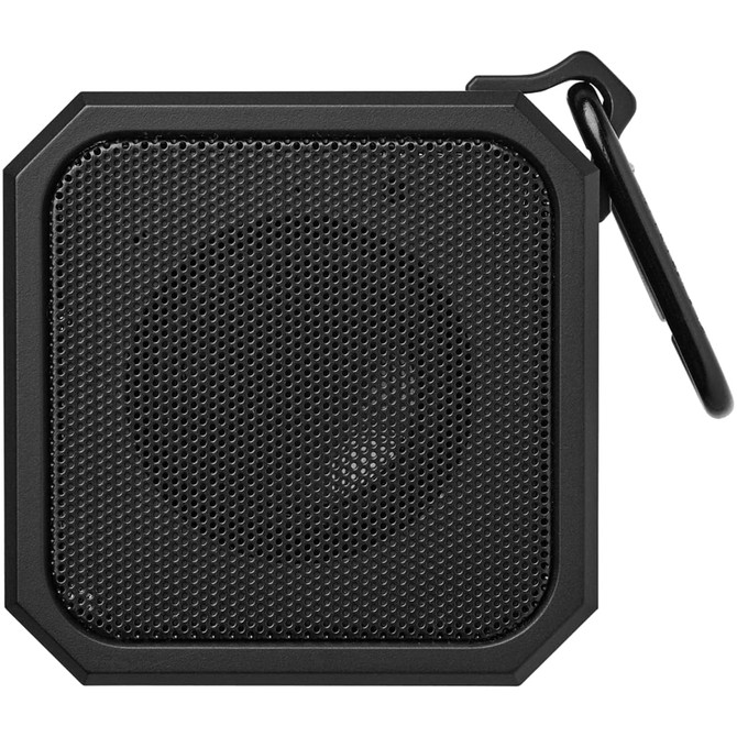 A compact black outdoor waterproof Bluetooth speaker with a mesh grille and a carabiner clip.