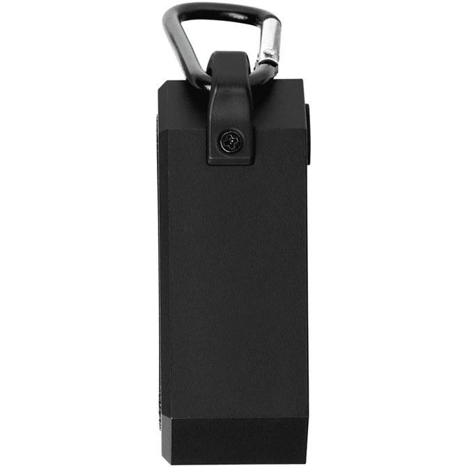 A black outdoor waterproof Bluetooth speaker featuring a carabiner for easy attachment and a sleek, compact design.