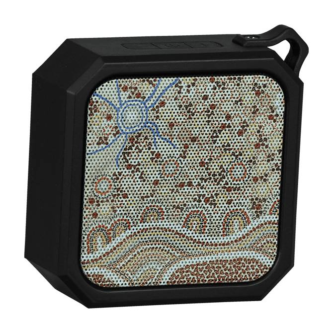 A waterproof Bluetooth speaker in black, featuring an intricate patterned front design. It has a small branding logo.