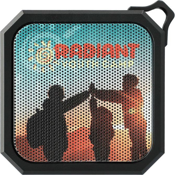A black, square waterproof Bluetooth speaker with a perforated mesh design and a coloured image featuring silhouettes of people.