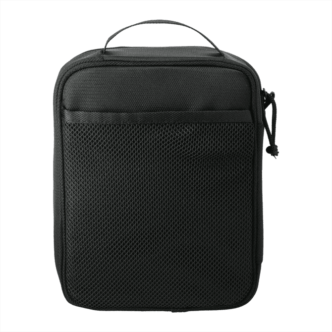 A black RPET headphone and tech case with a mesh pocket and a carrying handle. It includes a zipper closure.