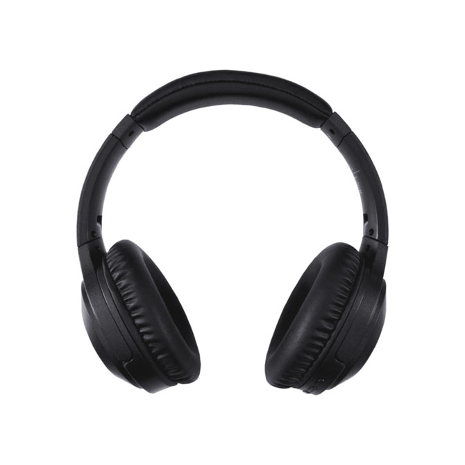 A pair of black over-ear headphones with padded ear cups and a curved headband, featuring a logo.