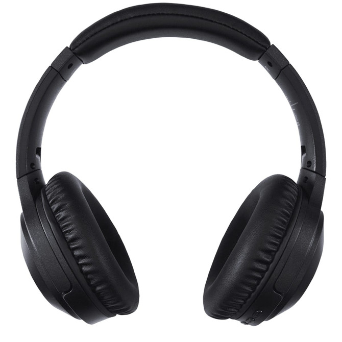 Black over-ear headphones with a padded headband and ear cushions. Features a branding logo.