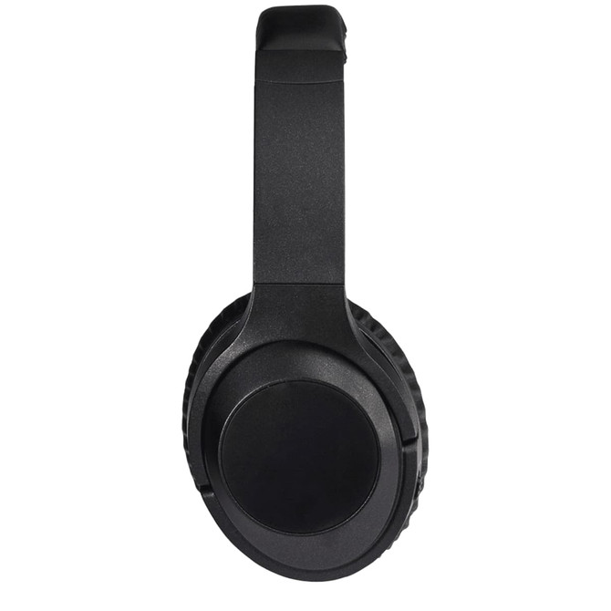 A pair of black ANC headphones with a sleek design and a circular ear cup. They feature a simple, modern branding element.