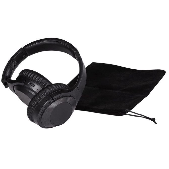 Black Anton ANC headphones with a soft carrying pouch on a white background.