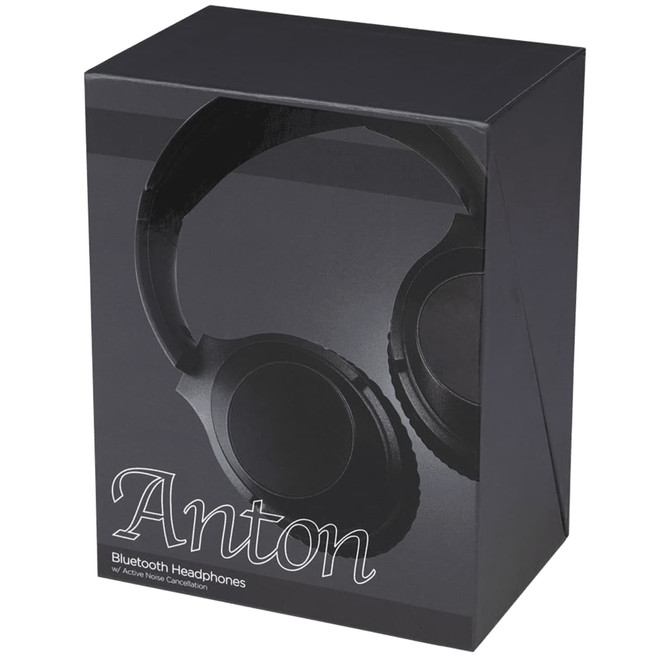 A black box containing Anton ANC Bluetooth headphones with a sleek design and a prominent logo.
