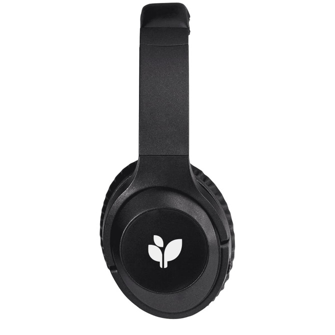 Black ANC headphones featuring a round ear cup with a logo. Designed for comfortable wear.