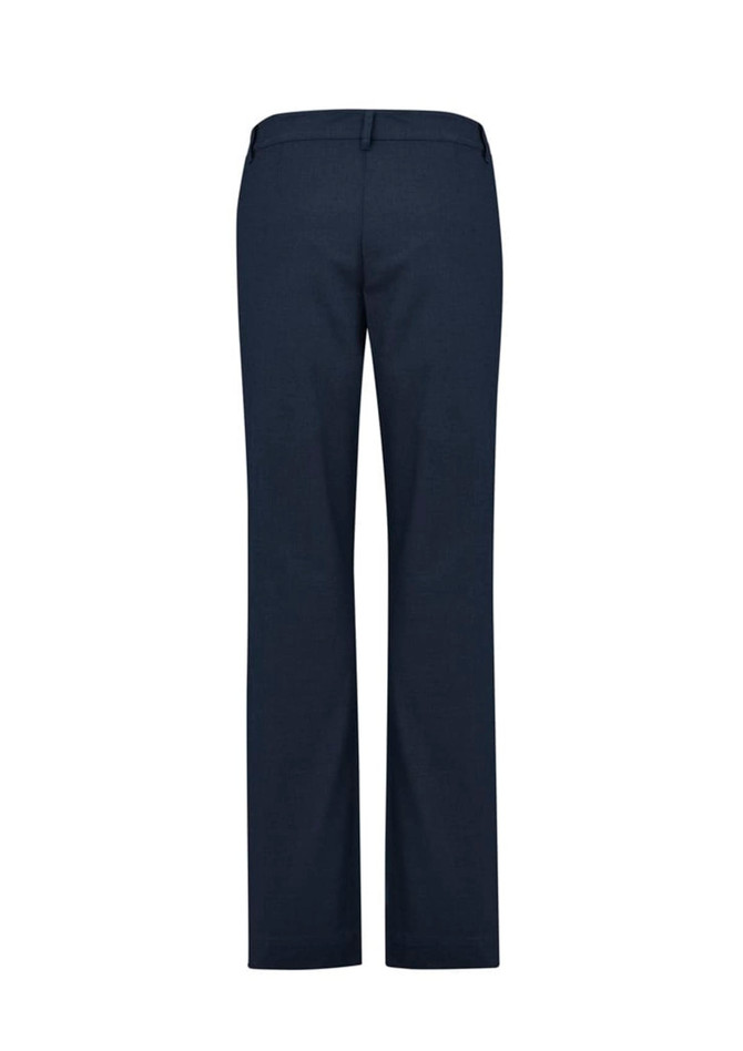 A pair of women's slacks in dark navy, featuring a clean, tailored back design and a subtle logo.
