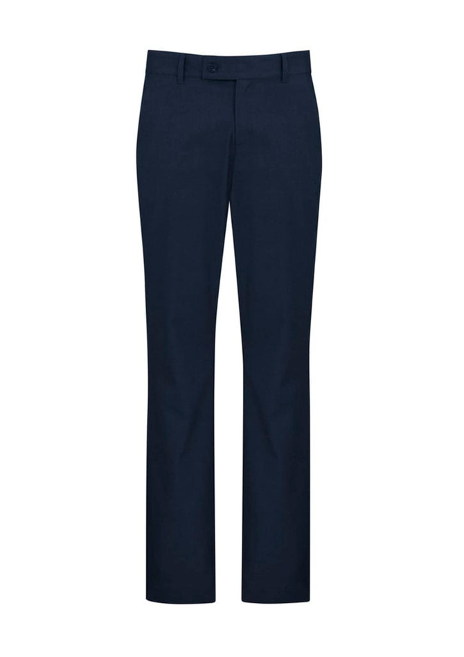 A pair of navy men's slacks with a straight leg design and a waistband featuring a button and zipper.