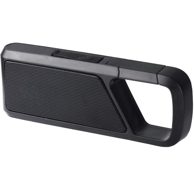 A black Bluetooth speaker with a textured speaker grille and a handle for easy carrying. It has a logo on its side.