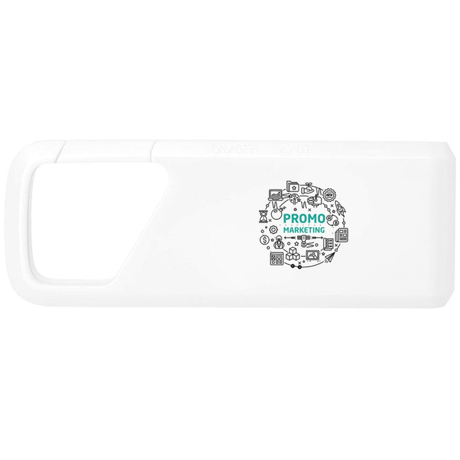 A white Bluetooth speaker with a rectangular shape and a logo featuring various technology icons.