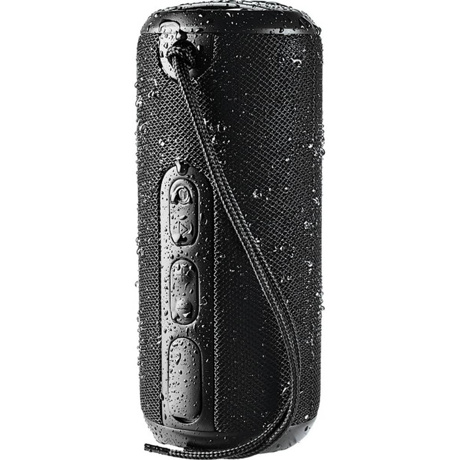 A black rugged fabric waterproof Bluetooth speaker with a textured surface and visible water droplets.