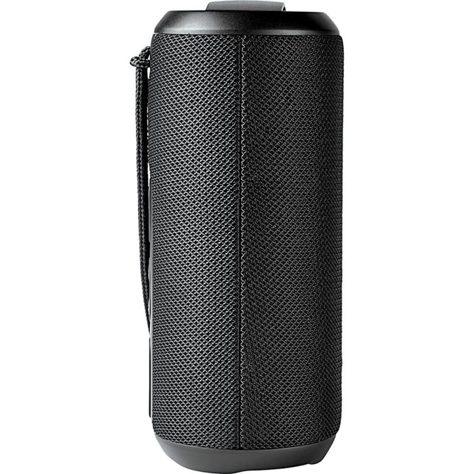 A black rugged fabric waterproof Bluetooth speaker with a textured surface and a carrying strap.
