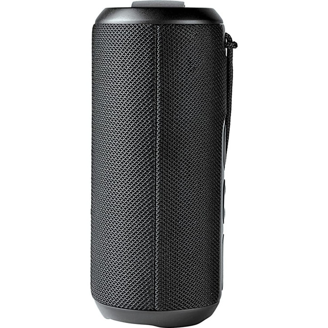 A cylindrical black waterproof Bluetooth speaker with a textured fabric exterior and a carrying strap.