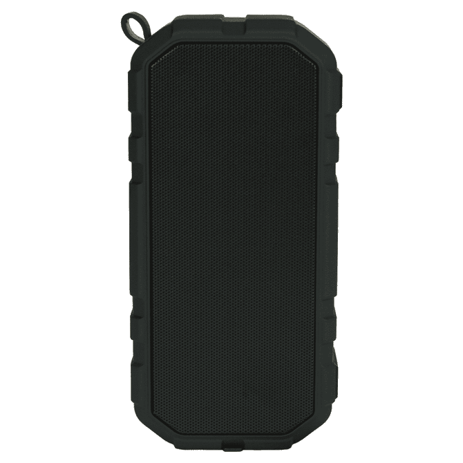 A black waterproof Bluetooth speaker with a rugged design and a logo on the front.