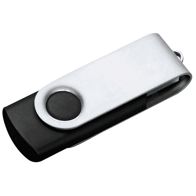 A black and silver rotating USB flash drive, featuring a clip and a branding logo. Capacity is 32GB.