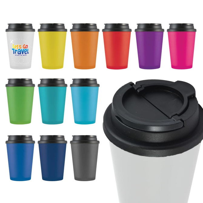 A collection of multi-coloured coffee cups with black lids, featuring various colours including yellow, orange, blue, and purple.