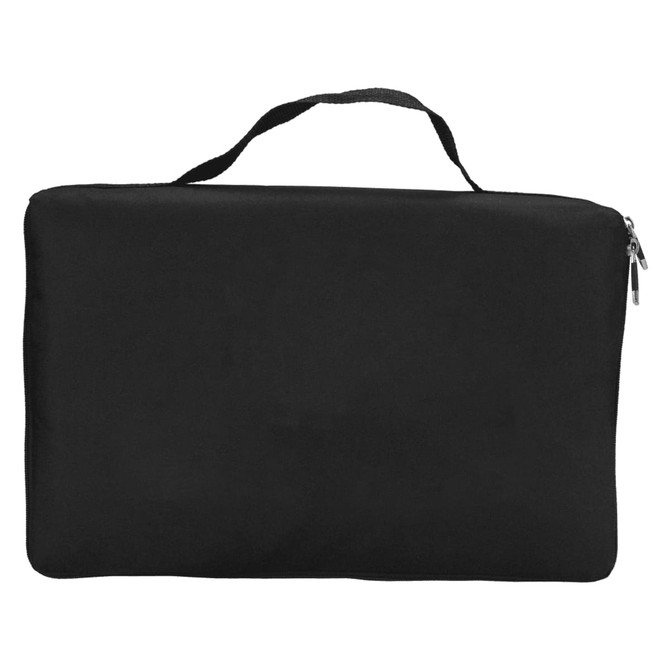 A black, zipped carrying case with a handle, featuring a smooth, flat exterior. It includes a logo.