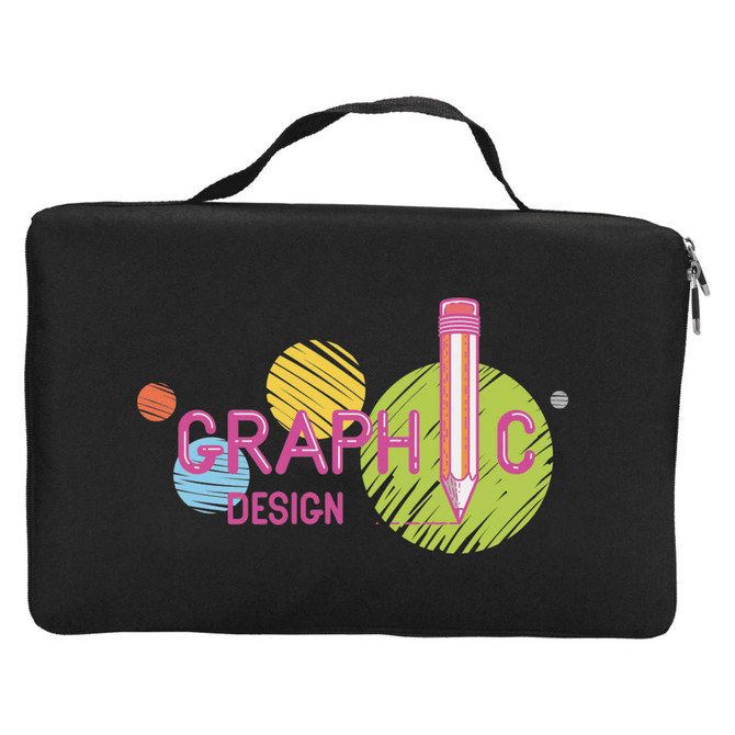 A black zippered case featuring colourful graphic design elements, including a pencil and circular patterns.