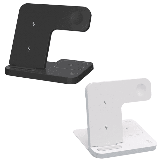 A foldable wireless charger in black and white, featuring multiple charging areas and a logo.