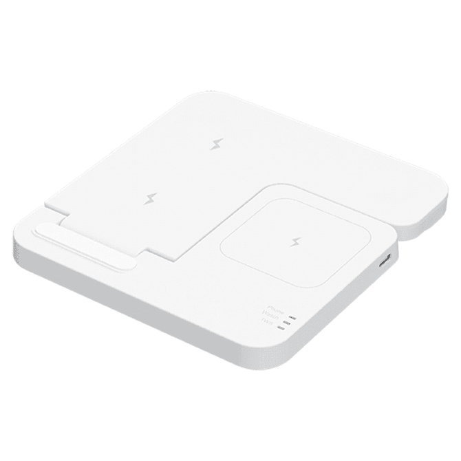 A white 3-in-1 foldable wireless charger featuring multiple charging surfaces and a compact, sleek design.