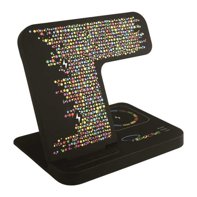 A black foldable wireless charger with a colourful dotted design and branding, featuring charging indicators.