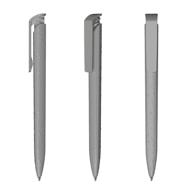 A high gloss grey plastic pen with a clip, featuring a smooth design and a sleek finish.