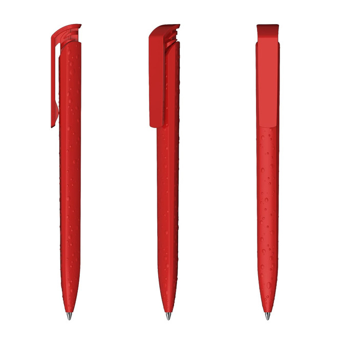 A set of three red plastic pens with high gloss finishes, featuring clips and a smooth design.