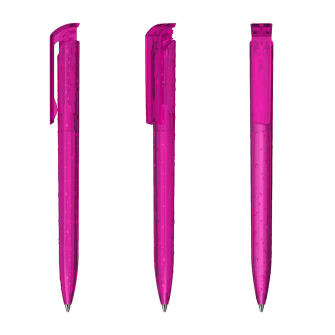 Three transparent pens in vibrant pink, featuring a sleek design and a clip on the cap. Branding is present.