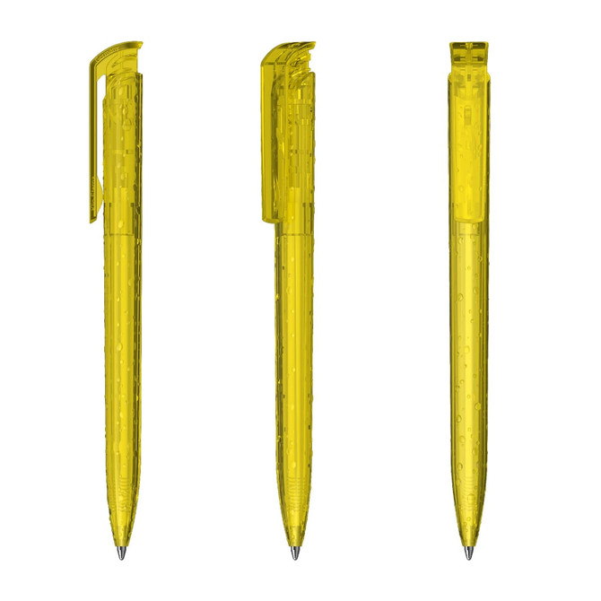 A set of three transparent yellow plastic pens with clips and a visible ink cartridge inside. Each pen has a unique position.