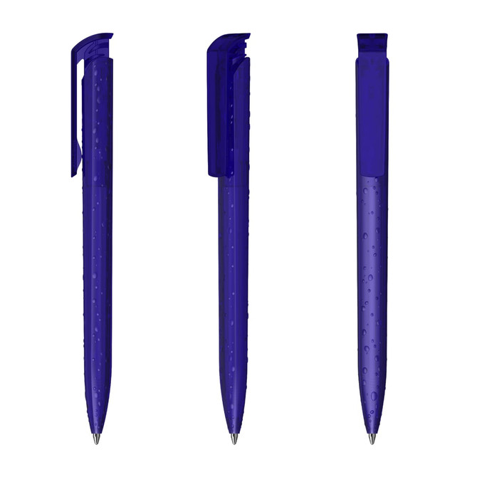 A transparent blue plastic pen with a sleek design, featuring a clip and smooth finish. It has a logo on the body.
