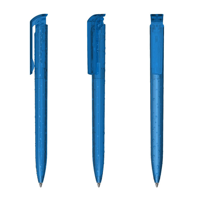 A set of three transparent blue plastic pens with a sleek design and clip attachment. Each pen features a smooth barrel.