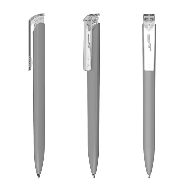 A high gloss transparent plastic pen in grey, featuring a clear cap and clip, showcasing different angles of the design.