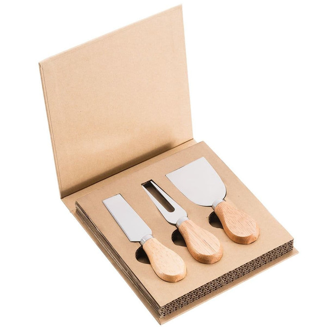 A 3-piece cheese knife set with stainless steel blades and wooden handles, presented in a cardboard storage box.