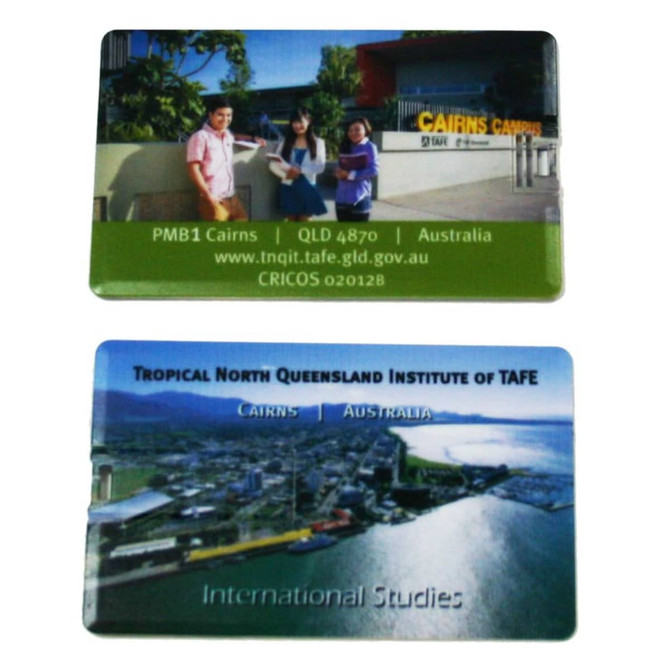 A flat USB drive featuring images of Cairns and the Tropical North Queensland Institute of TAFE, with various colours.
