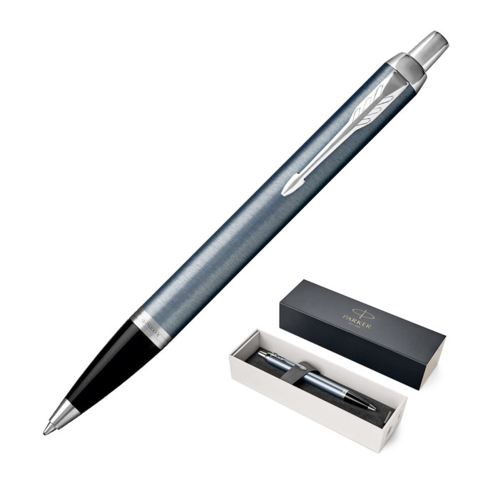 A metal ballpoint pen in blue grey with a stainless steel finish, presented in a gift box.