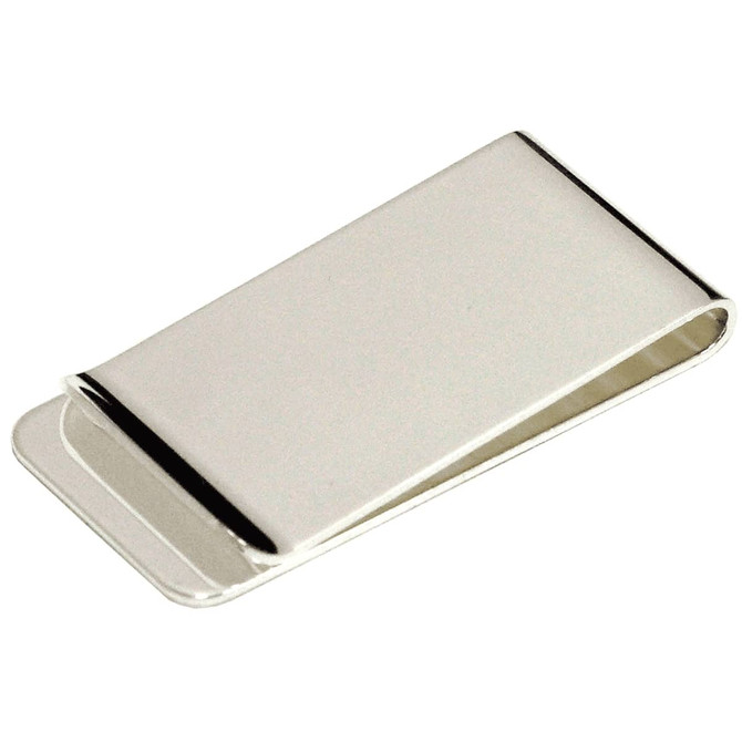 A silver metal money clip with a sleek, polished finish. It features a minimalistic design and branding.