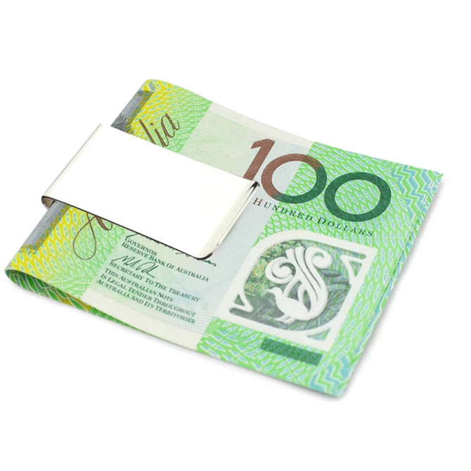 A metal money clip holding Australian banknotes, featuring a sleek silver design against a green currency backdrop.