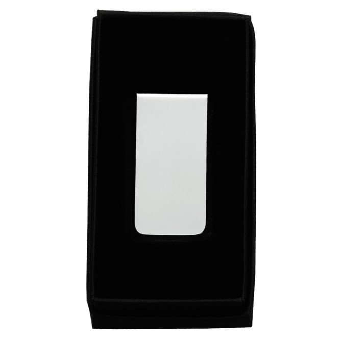 A silver metal money clip displayed on a black velvet background, featuring a sleek and minimal design.