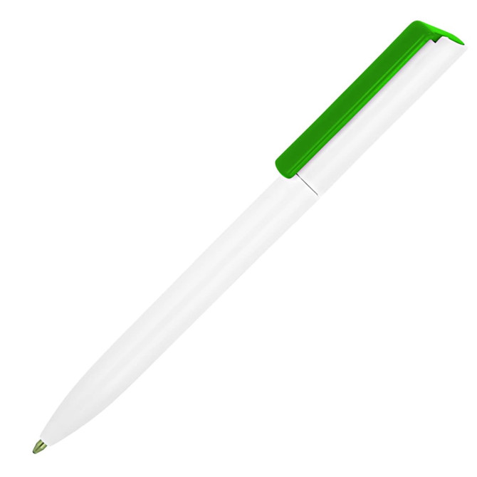A minimalist white ballpoint pen with a green cap and accent. Features a logo on the barrel.