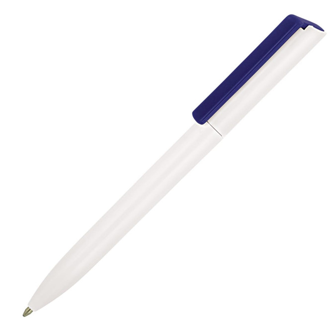 A ballpoint pen with a white barrel and a blue cap, featuring a simple, minimalist design.