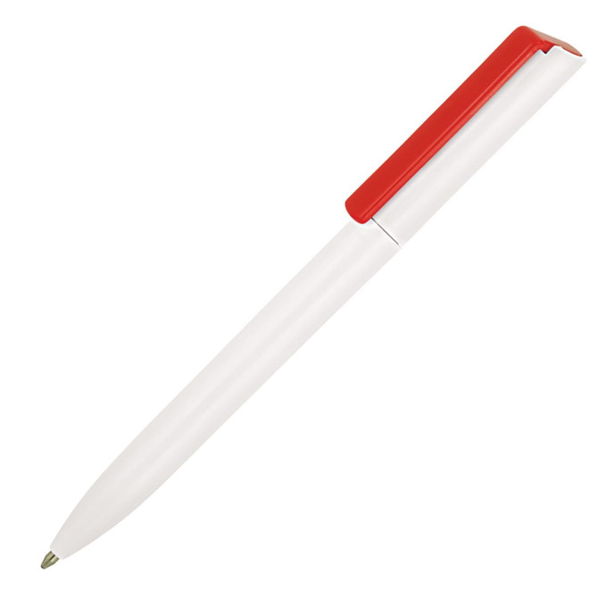A ballpoint pen featuring a white barrel and a red cap, with a logo on the side.