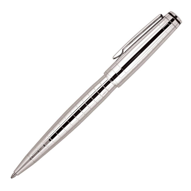 A metal ballpoint pen in silver with a sleek, polished finish and a clip for easy attachment.